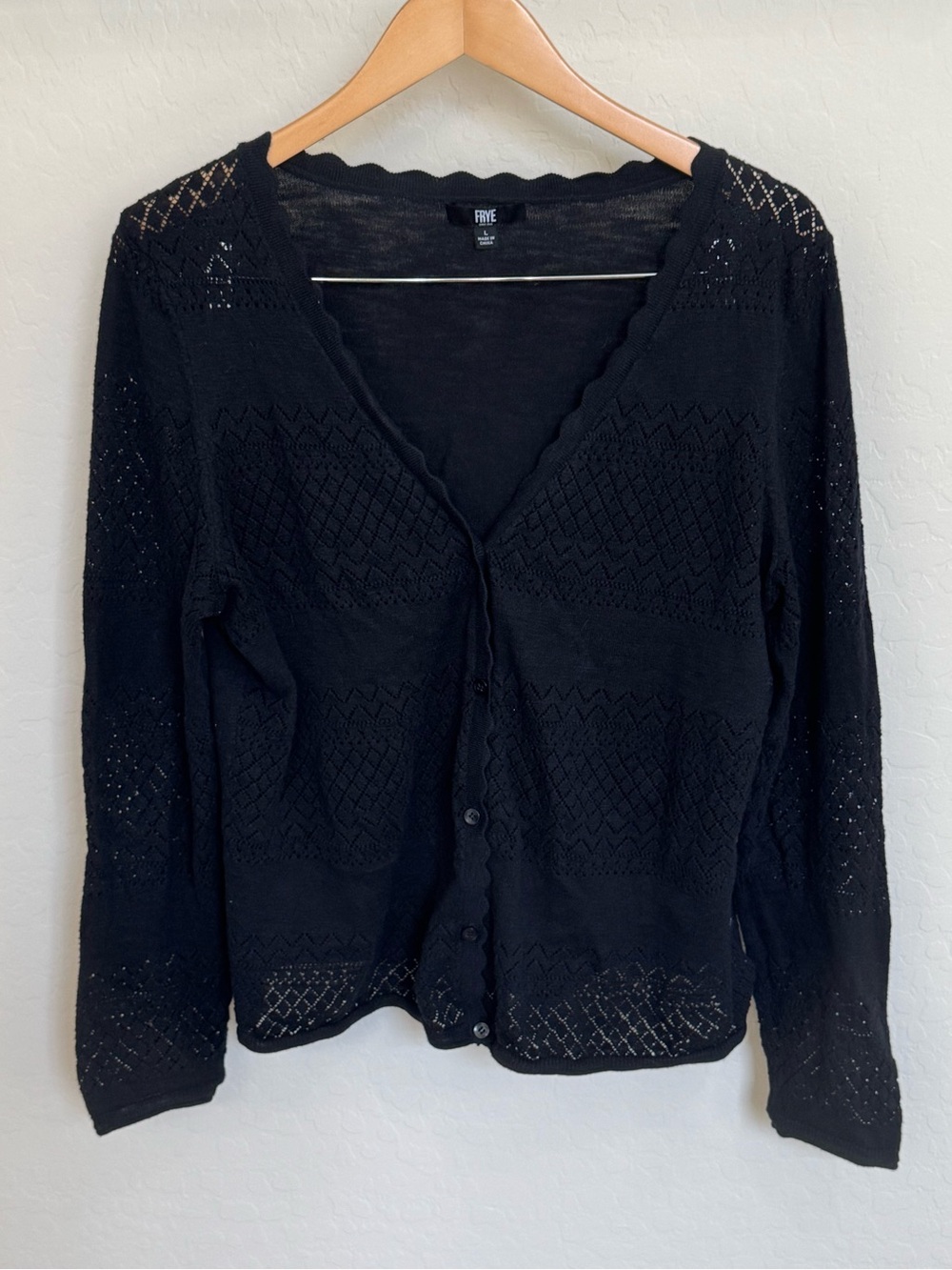 FRYE Black Pointelle 100% Cotton Lace Knit Scalloped Cardigan Sweater Size L